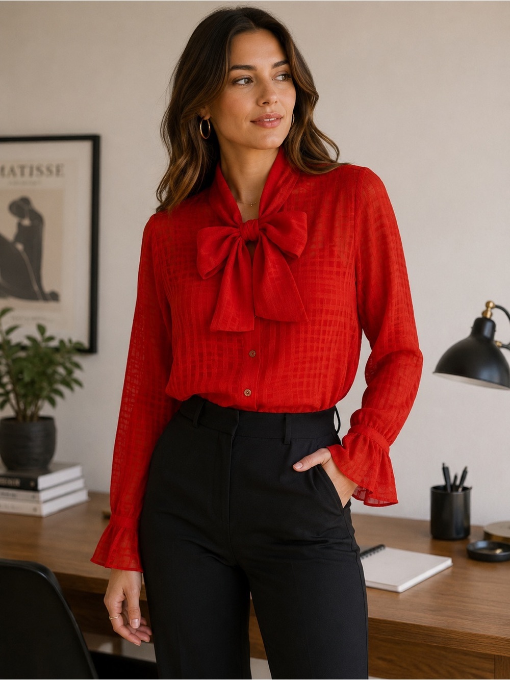 JD Fashions Vintage 70s Red Bow Blouse Size 9/10 Sheer Retro Office Workwear